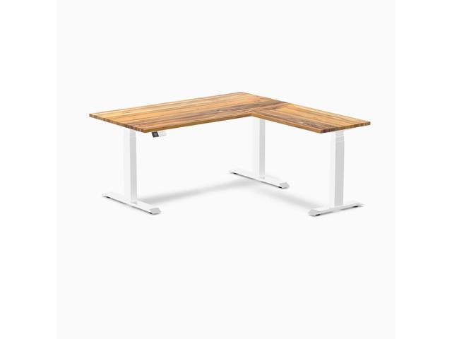 Desky Hardwood L-Shape Sit Stand Desk - Teak / 60 x 30 x 62 x 20 in / White