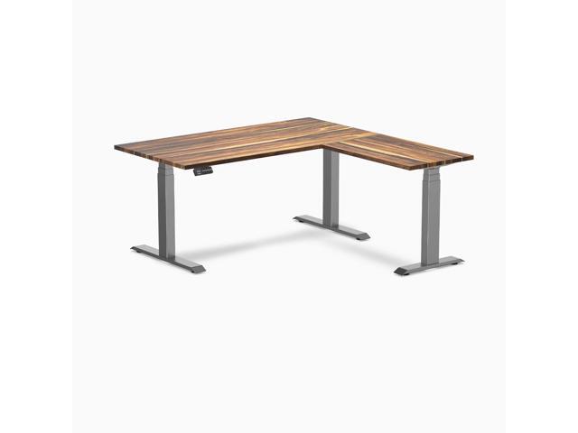 Desky Hardwood L-Shape Sit Stand Desk - Pheasantwood / 60 x 30 x 62 x 20 in / Space Gray