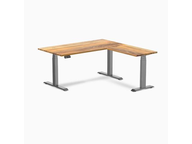 Desky Hardwood L-Shape Sit Stand Desk - Teak / 60 x 30 x 62 x 20 in / Space Gray