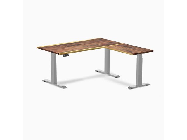 Desky Hardwood L-Shape Sit Stand Desk - Saman / 60 x 30 x 62 x 20 in / Gray