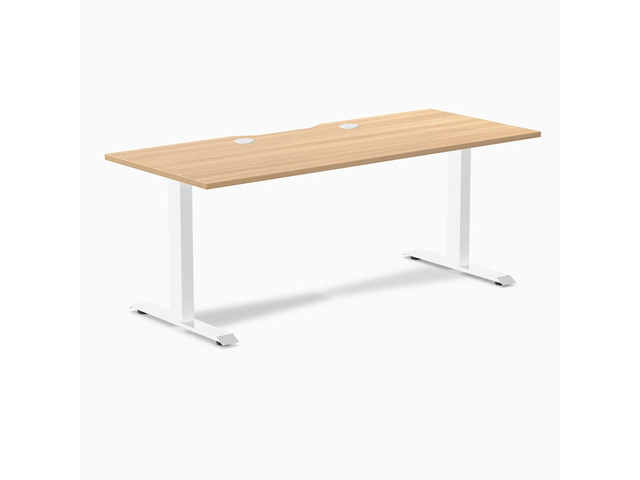 Desky Zero Scalloped Laminate Office Desk - Sublime Teak / 70.9 x 29.5 in with Grommets / White
