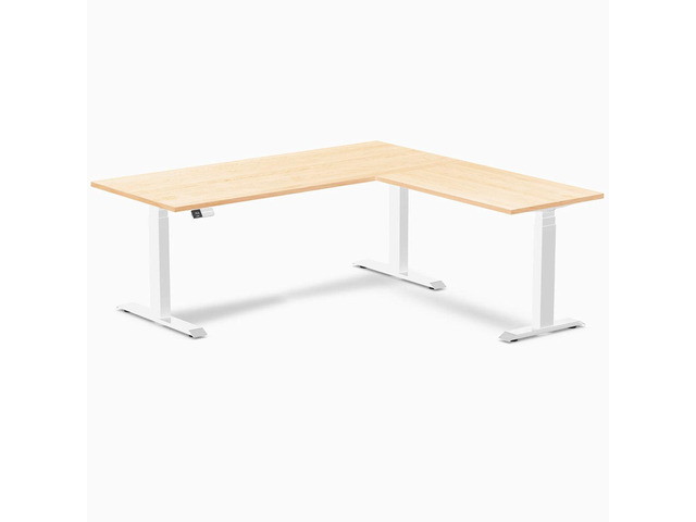 Desky Hardwood L-Shape Sit Stand Desk - Maple / 72 x 30 x 70 x 24 in / White