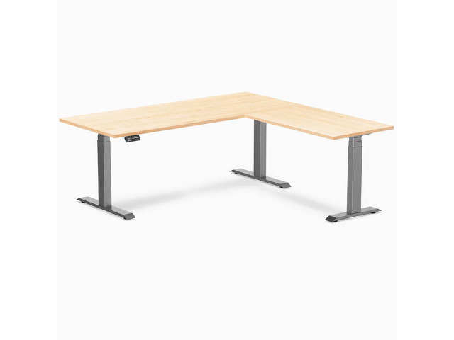 Desky Hardwood L-Shape Sit Stand Desk - Maple / 72 x 30 x 70 x 24 in / Space Gray
