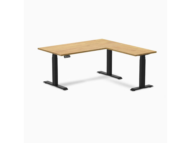 Desky Rubberwood L-Shape Sit Stand Desk - Light Oak / 60 x 30 x 62 x 20 in / Matte Black