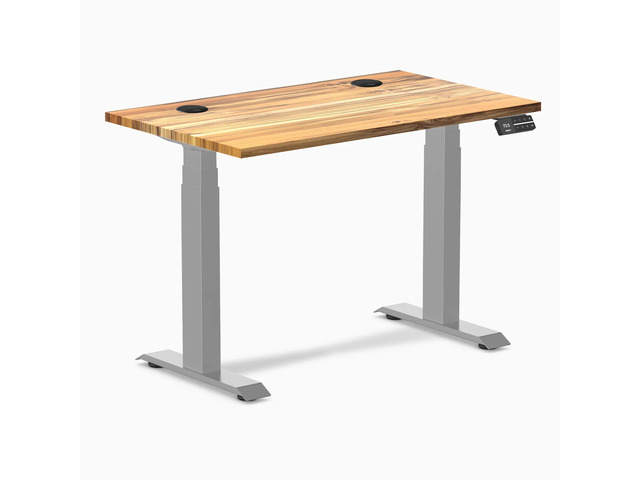 Desky Dual Mini Hardwood Sit Stand Desk - Teak / 32 x 20 in / Grey