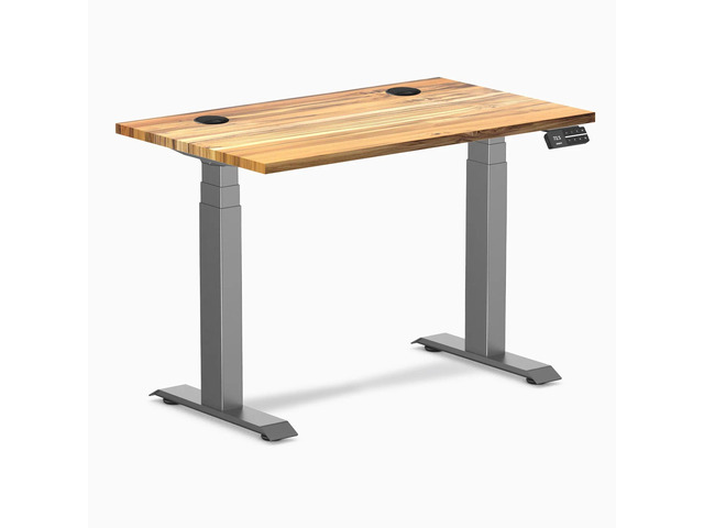 Desky Dual Mini Hardwood Sit Stand Desk - Teak / 32 x 20 in / Space Gray