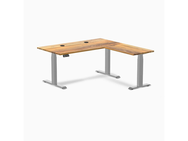 Desky Hardwood L-Shape Sit Stand Desk - Teak / 60 x 30 x 62 x 20 in with Grommets / Gray