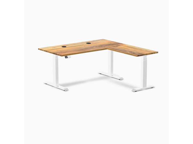 Desky Hardwood L-Shape Sit Stand Desk - Teak / 60 x 30 x 62 x 20 in with Grommets / White