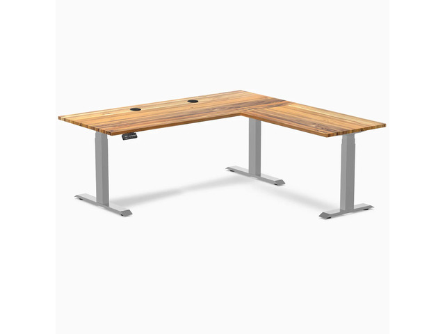 Desky Hardwood L-Shape Sit Stand Desk - Teak / 72 x 30 x 70 x 24 in with Grommets / Gray