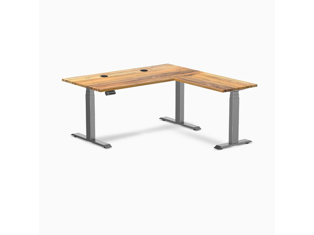 Desky Hardwood L-Shape Sit Stand Desk - Teak / 60 x 30 x 62 x 20 in with Grommets / Space Gray