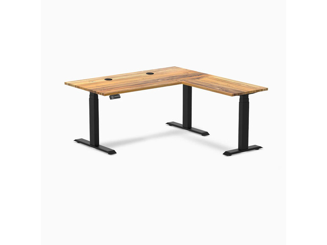 Desky Hardwood L-Shape Sit Stand Desk - Teak / 60 x 30 x 62 x 20 in with Grommets / Matte Black