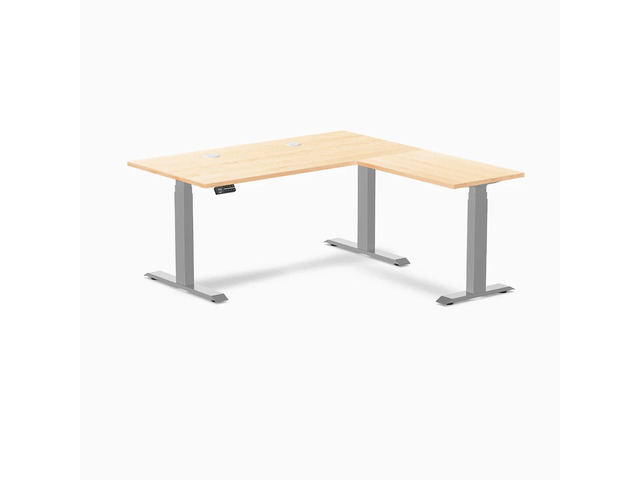 Desky Hardwood L-Shape Sit Stand Desk - Maple / 60 x 30 x 62 x 20 in with Grommets / Gray