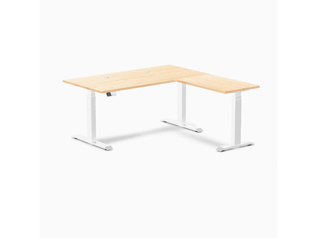 Desky Hardwood L-Shape Sit Stand Desk - Maple / 60 x 30 x 62 x 20 in with Grommets / White
