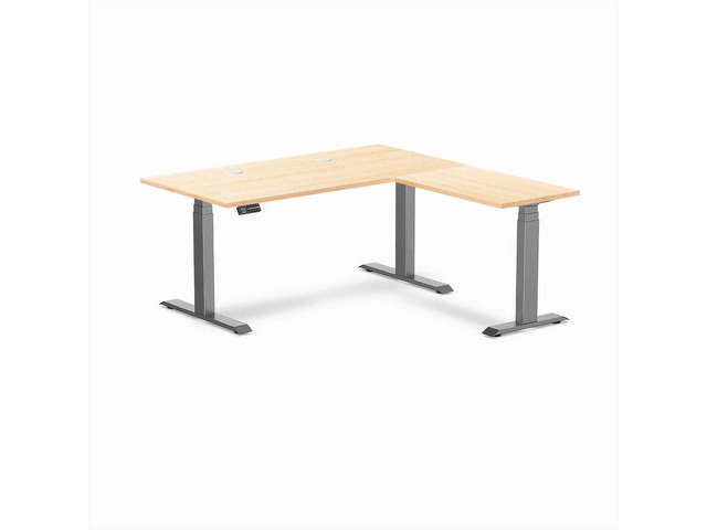 Desky Hardwood L-Shape Sit Stand Desk - Maple / 60 x 30 x 62 x 20 in with Grommets / Space Gray