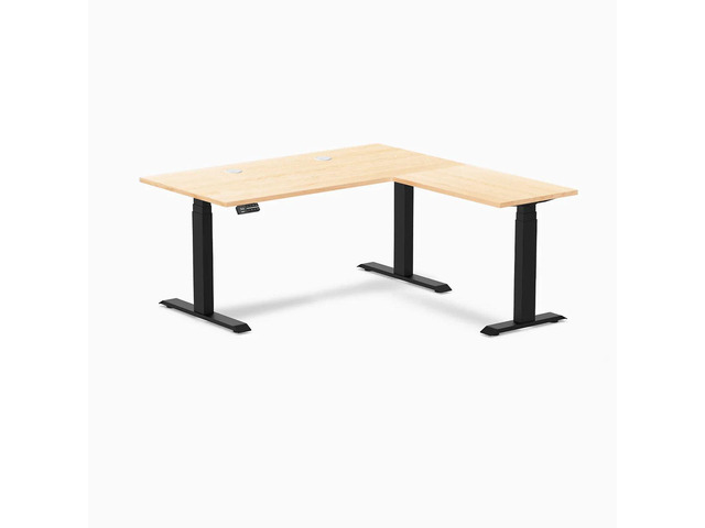 Desky Hardwood L-Shape Sit Stand Desk - Maple / 60 x 30 x 62 x 20 in with Grommets / Matte Black