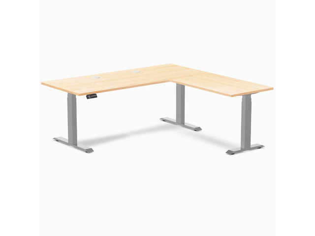 Desky Hardwood L-Shape Sit Stand Desk - Maple / 72 x 30 x 70 x 24 in with Grommets / Gray
