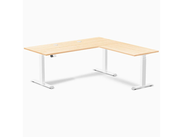 Desky Hardwood L-Shape Sit Stand Desk - Maple / 72 x 30 x 70 x 24 in with Grommets / White
