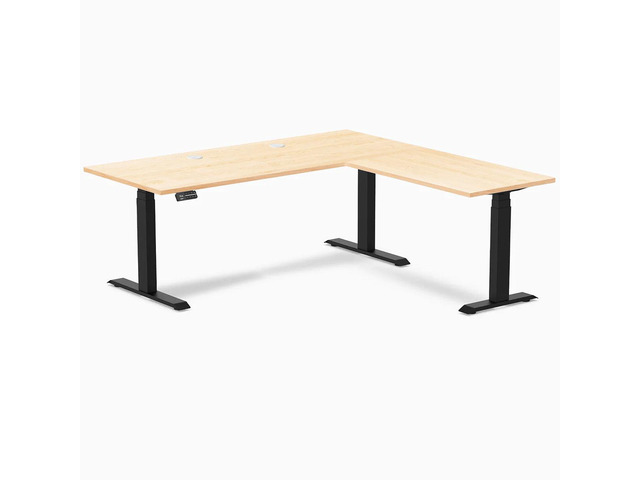 Desky Hardwood L-Shape Sit Stand Desk - Maple / 72 x 30 x 70 x 24 in with Grommets / Matte Black