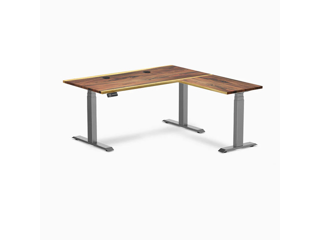 Desky Hardwood L-Shape Sit Stand Desk - Saman / 60 x 30 x 62 x 20 in with Grommets / Space Gray