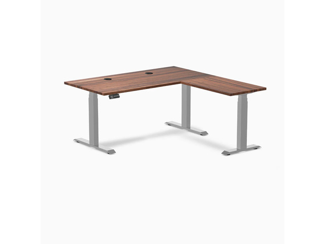 Desky Hardwood L-Shape Sit Stand Desk - Walnut / 60 x 30 x 62 x 20 in with Grommets / Gray