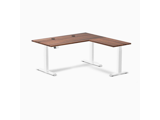 Desky Hardwood L-Shape Sit Stand Desk - Walnut / 60 x 30 x 62 x 20 in with Grommets / White
