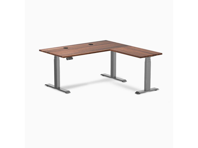 Desky Hardwood L-Shape Sit Stand Desk - Walnut / 60 x 30 x 62 x 20 in with Grommets / Space Gray