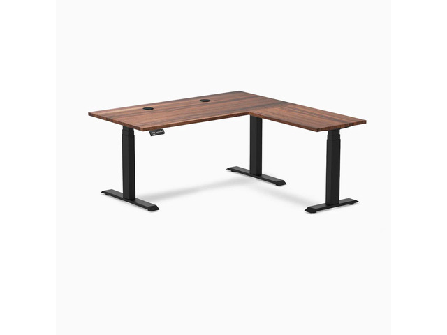 Desky Hardwood L-Shape Sit Stand Desk - Walnut / 60 x 30 x 62 x 20 in with Grommets / Matte Black