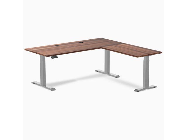 Desky Hardwood L-Shape Sit Stand Desk - Walnut / 72 x 30 x 70 x 24 in with Grommets / Gray