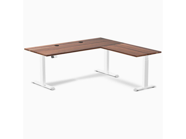 Desky Hardwood L-Shape Sit Stand Desk - Walnut / 72 x 30 x 70 x 24 in with Grommets / White
