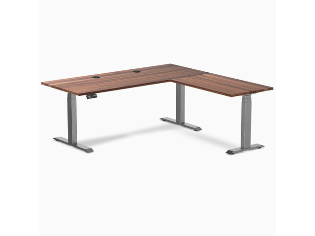 Desky Hardwood L-Shape Sit Stand Desk - Walnut / 72 x 30 x 70 x 24 in with Grommets / Space Gray