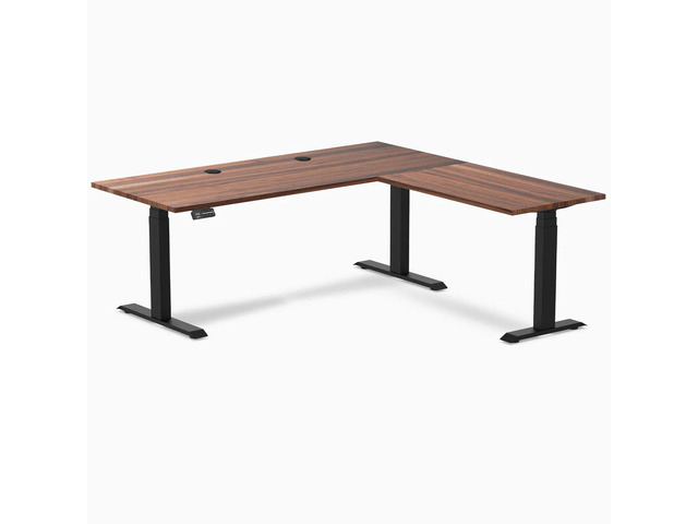 Desky Hardwood L-Shape Sit Stand Desk - Walnut / 72 x 30 x 70 x 24 in with Grommets / Matte Black