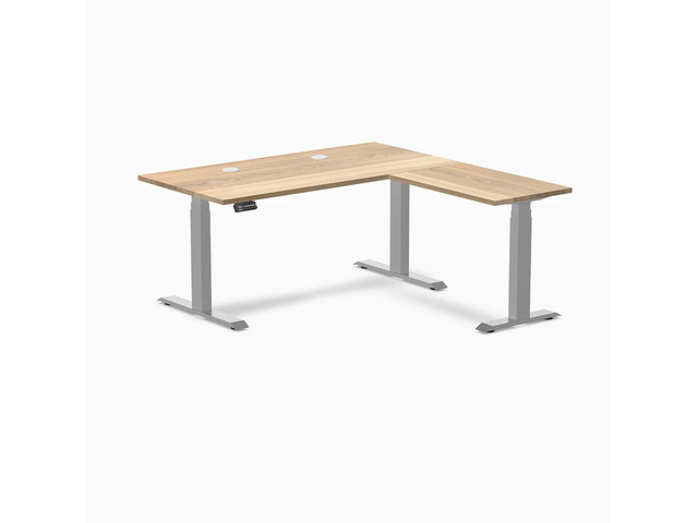 Desky Hardwood L-Shape Sit Stand Desk - White Ash / 60 x 30 x 62 x 20 in with Grommets / Gray