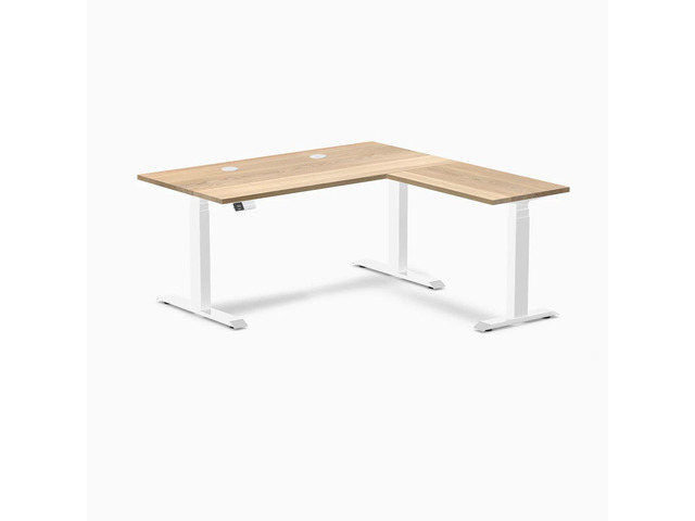 Desky Hardwood L-Shape Sit Stand Desk - White Ash / 60 x 30 x 62 x 20 in with Grommets / White