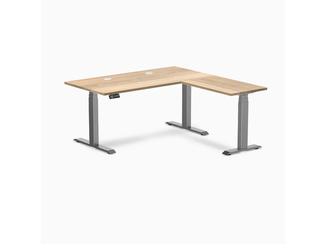 Desky Hardwood L-Shape Sit Stand Desk - White Ash / 60 x 30 x 62 x 20 in with Grommets / Space Gray