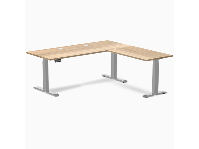 Desky Hardwood L-Shape Sit Stand Desk - White Ash / 72 x 30 x 70 x 24 in with Grommets / Gray