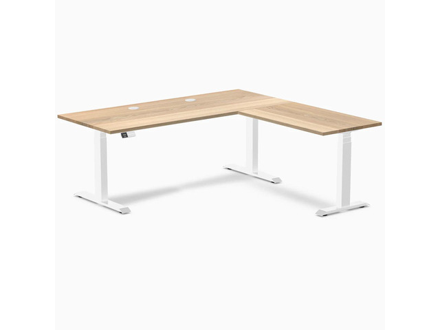 Desky Hardwood L-Shape Sit Stand Desk - White Ash / 72 x 30 x 70 x 24 in with Grommets / White