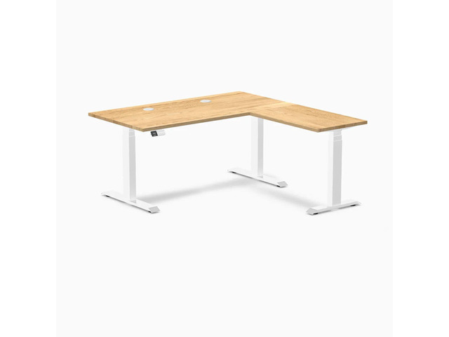 Desky Hardwood L-Shape Sit Stand Desk - White Oak / 60 x 30 x 62 x 20 in with Grommets / White