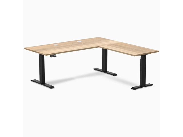 Desky Hardwood L-Shape Sit Stand Desk - White Ash / 72 x 30 x 70 x 24 in with Grommets / Matte Black