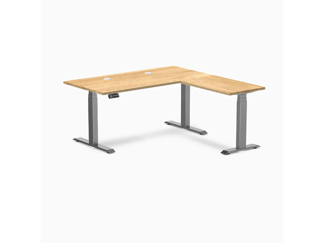 Desky Hardwood L-Shape Sit Stand Desk - White Oak / 60 x 30 x 62 x 20 in with Grommets / Space Gray