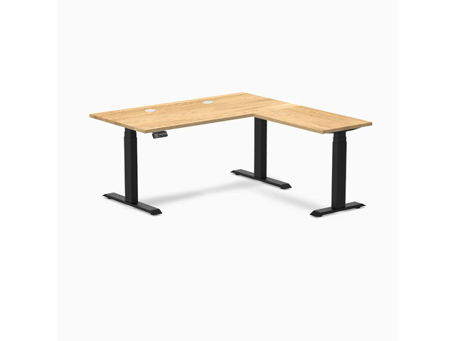 Desky Hardwood L-Shape Sit Stand Desk - White Oak / 60 x 30 x 62 x 20 in with Grommets / Matte Black