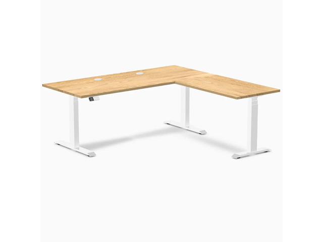 Desky Hardwood L-Shape Sit Stand Desk - White Oak / 72 x 30 x 70 x 24 in with Grommets / White