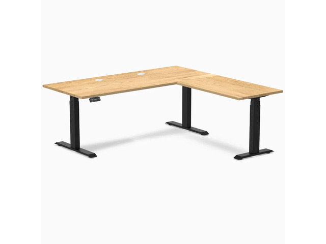 Desky Hardwood L-Shape Sit Stand Desk - White Oak / 72 x 30 x 70 x 24 in with Grommets / Matte Black