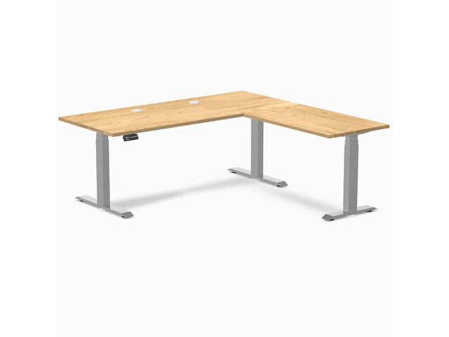 Desky Hardwood L-Shape Sit Stand Desk - White Oak / 72 x 30 x 70 x 24 in with Grommets / Gray