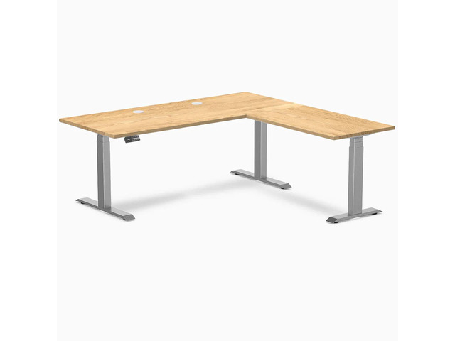 Desky Hardwood L-Shape Sit Stand Desk - White Oak / 72 x 30 x 70 x 24 in with Grommets / Space Gray