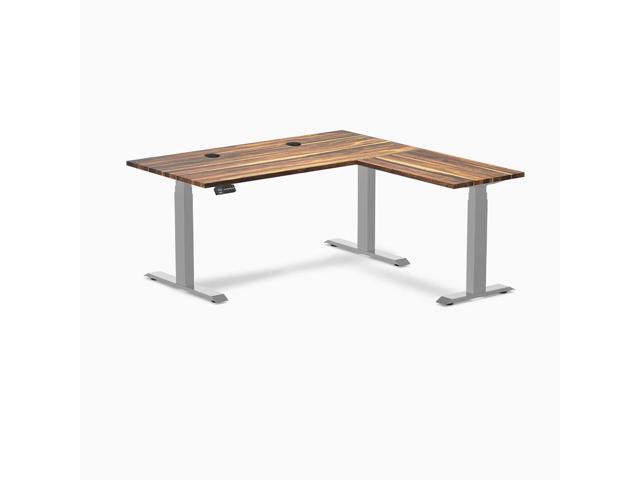 Desky Hardwood L-Shape Sit Stand Desk - Pheasantwood / 60 x 30 x 62 x 20 in with Grommets / Gray