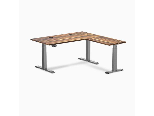 Desky Hardwood L-Shape Sit Stand Desk - Pheasantwood / 60 x 30 x 62 x 20 in with Grommets / Space Gray