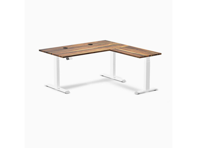 Desky Hardwood L-Shape Sit Stand Desk - Pheasantwood / 60 x 30 x 62 x 20 in with Grommets / White
