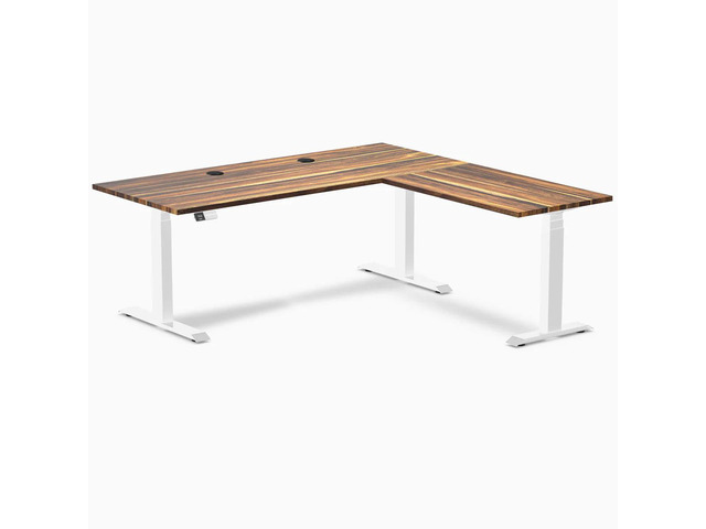 Desky Hardwood L-Shape Sit Stand Desk - Pheasantwood / 72 x 30 x 70 x 24 in with Grommets / White