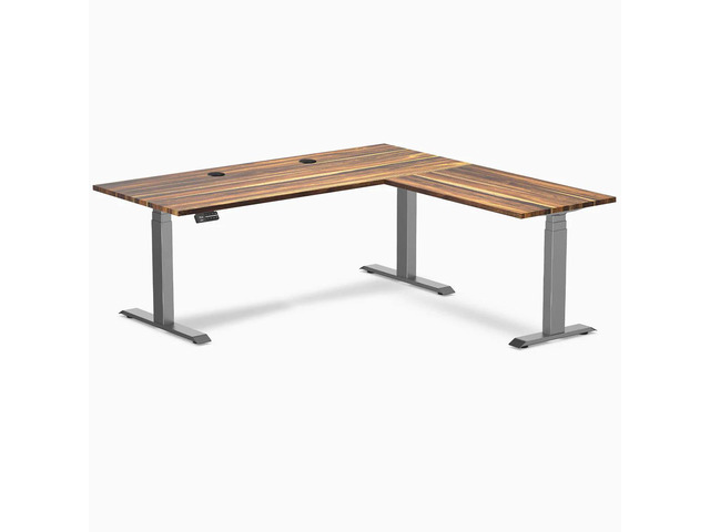 Desky Hardwood L-Shape Sit Stand Desk - Pheasantwood / 72 x 30 x 70 x 24 in with Grommets / Space Gray