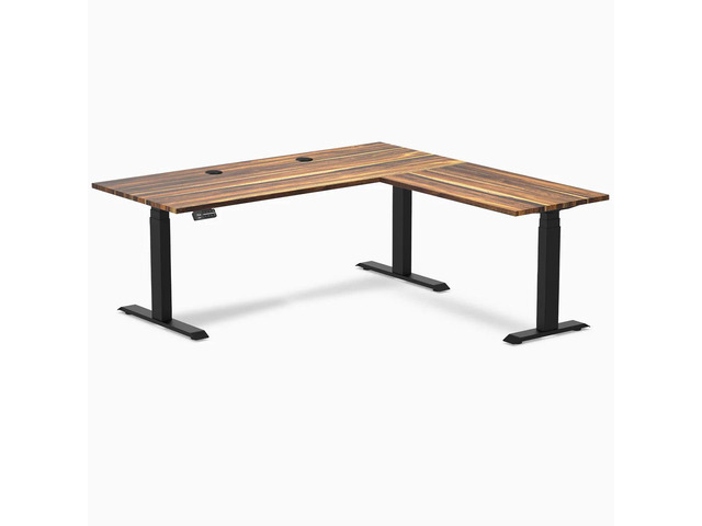 Desky Hardwood L-Shape Sit Stand Desk - Pheasantwood / 72 x 30 x 70 x 24 in with Grommets / Matte Black